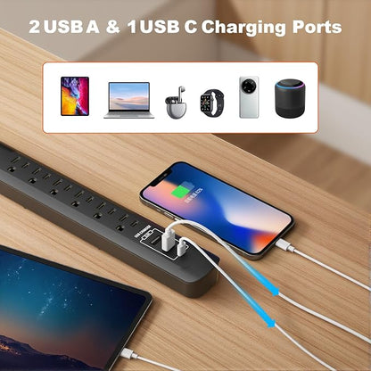 2 Pack Power Strip Surge Protector - 10 Ft Extension Cord with 6 Outlets with 3USB Ports（1 USB C） Port，1875W/15A, Flat Plug, Wall Mount Desk Charging Station for Home Office