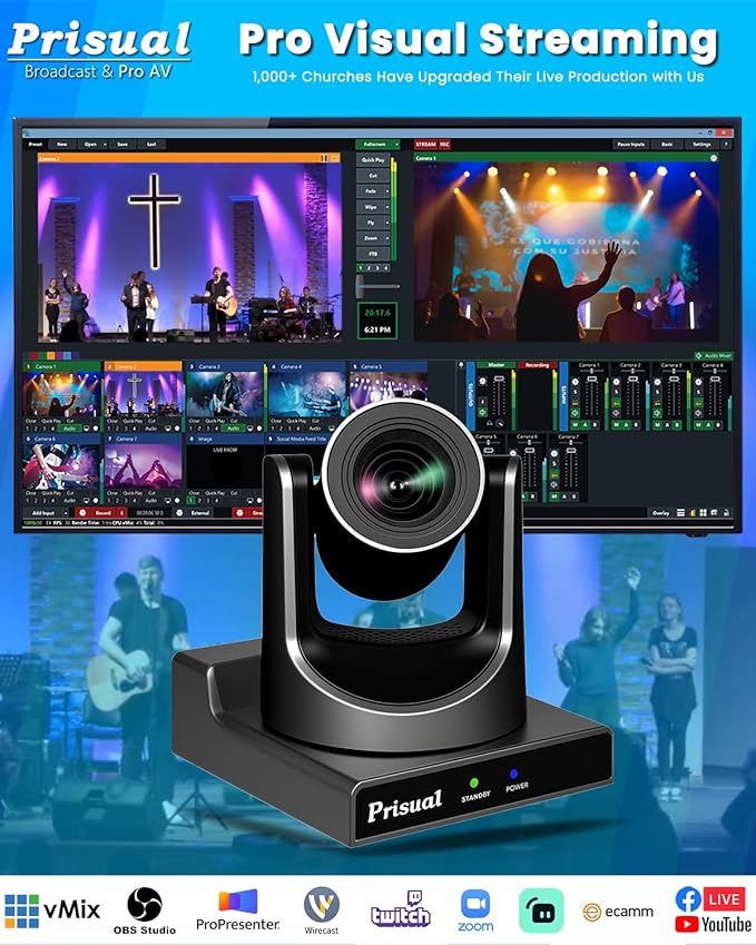 Prisual PTZ Camera Gen 5, 20X Optical Zoom SDI HDMI PoE USB IP Streaming, AI Auto Tracking for Church Worship Education Conference Facebook YouTube vMix OBS (TEM-20S PRO)