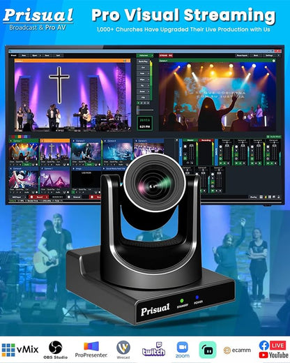 Prisual PTZ Camera Gen 5, 20X Optical Zoom SDI HDMI PoE USB IP Streaming, AI Auto Tracking for Church Worship Education Conference Facebook YouTube vMix OBS (TEM-20S PRO)