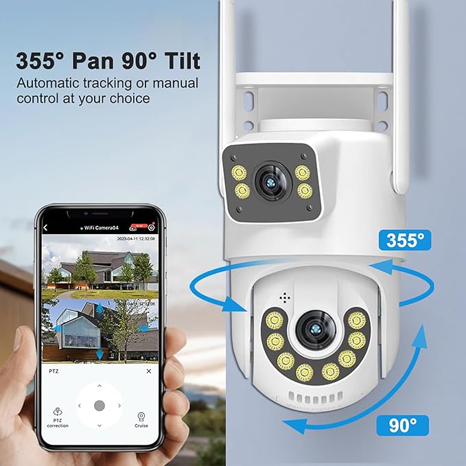 1080P PTZ Outdoor Security Camera, Dual Lens Linkage Wireless WiFi Cameras for Home Security, 360° View Auto Tracking Surveillance Camera with Human Detection, Color Night Vision, Two-Way Audio