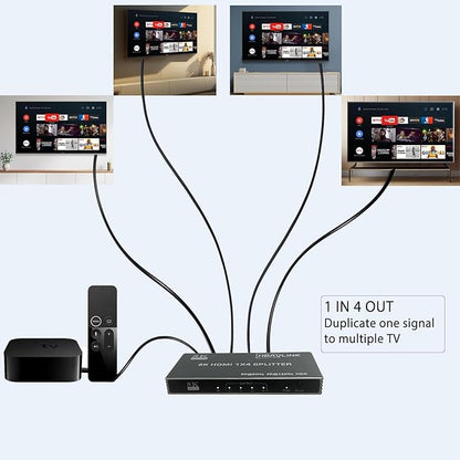 HDMI Splitter - HDCP, HDR, Dolby/DTS5.1/7.1 - Compatible with Firestick 4k Max, PS3/PS5 & Elgato HD60s/x/Pro, Apple TV 4K, Retrotink, Roku soundbar, NOT for Phone (HB-SP104G)
