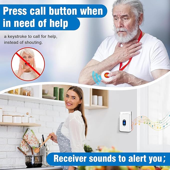 Daytech Caregiver Pager Call Button for Elderly Nurse Alert System for Seniors Patient Disabled at Home/Hospital/Clinic/Nursing Home 2 Emergency Button 2 Plugin Receivers
