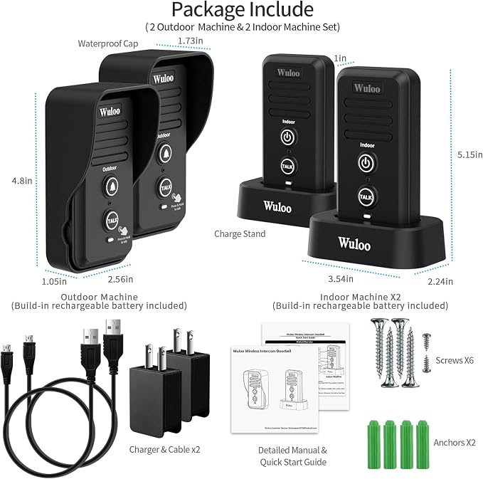 Wuloo Wireless Intercom Doorbells for Home Classroom, Intercomunicador Waterproof Electronic Doorbell Chime with 1/2 Mile Range 3 Volume Levels Rechargeable Battery (Black, 2&2)