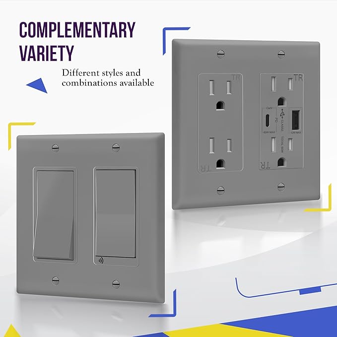 ENERLITES Decorator Light Switch or Receptacle Outlet Wall Plate, Gloss Finish, Size 2-Gang 4.50" x 4.57", Unbreakable Polycarbonate Thermoplastic, UL Listed, 8832-GY, Gray