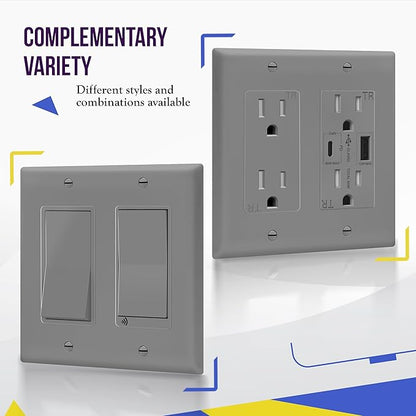 ENERLITES Decorator Light Switch or Receptacle Outlet Wall Plate, Gloss Finish, Size 2-Gang 4.50" x 4.57", Unbreakable Polycarbonate Thermoplastic, UL Listed, 8832-GY, Gray
