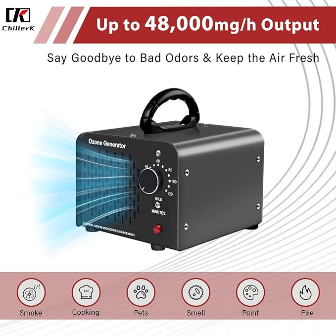 Ozone Generator 48,000mg, Commercial Ozone Machine Odor Removal, High Capacity O3 Ionizer Air Purifier Deodorizer, Portable Mini for Car, Home, Smoke, Pets, Industrial -Black