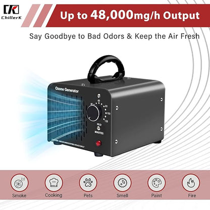 Ozone Generator 48,000mg, Commercial Ozone Machine Odor Removal, High Capacity O3 Ionizer Air Purifier Deodorizer, Portable Mini for Car, Home, Smoke, Pets, Industrial -Black