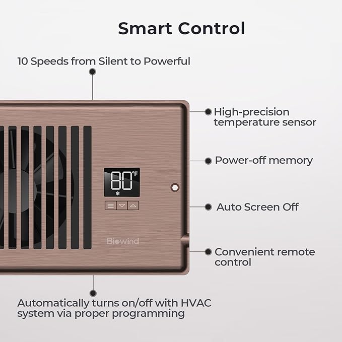 BIOWIND Quiet Register Booster Fan Fits 4" x 12" Register Holes, 10-Speed Smart Heating Cooling AC Vent Fan with Remote Control and Thermostat Control - Bronze