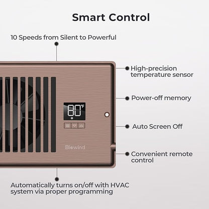 BIOWIND Quiet Register Booster Fan Fits 4" x 12" Register Holes, 10-Speed Smart Heating Cooling AC Vent Fan with Remote Control and Thermostat Control - Bronze