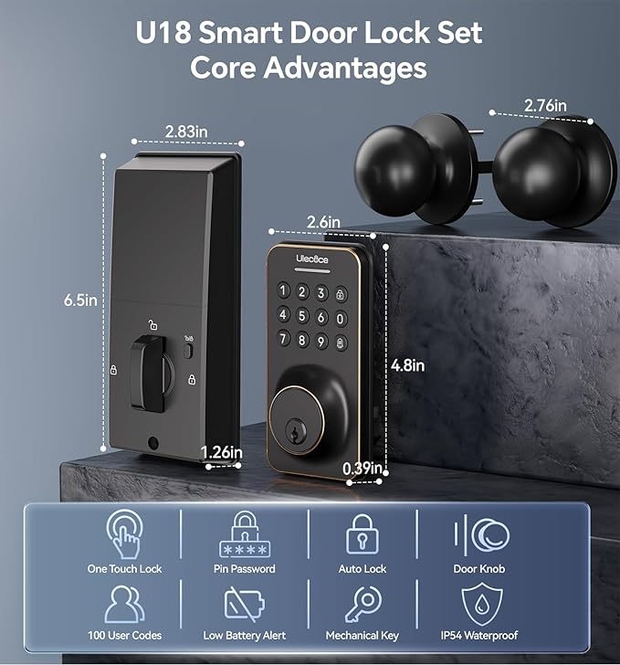 Ulecoce Keyless Entry Keypad Deadbolt with Handle Set, Auto-Lock + One-Touch Lock, 100 Codes + Easy Install, Ideal for Airbnb/Homes/Offices, Fits U.S. Standard Front Doors, Oil Rubbed Bronze