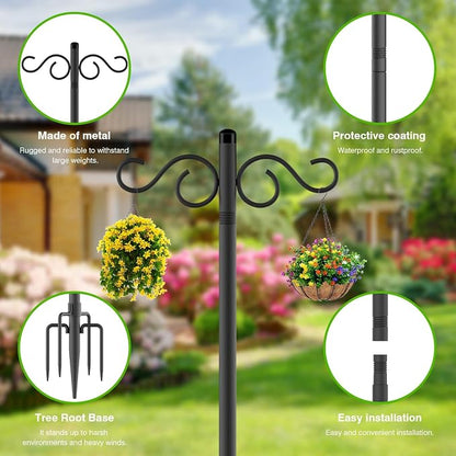 RCUICA Double Shepherds Hooks for Outdoor,2 Pack 110Inch Bird Feeder Pole with 5 Prongs Base,Heavy Duty Shepherds Hook,Suitable for Garden in Hanging Flower Basket,Lantern,Bird Nests (110 inch)