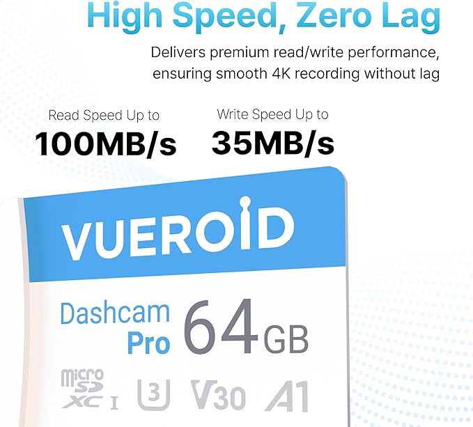 64GB Dashcam Pro microSD Card with Reader Adapter, C10, V30, UHS-I, Class 10, A1, High Speed Memory Card for 4K UHD Video, Read Speed up to 100 MB/s microsdxc