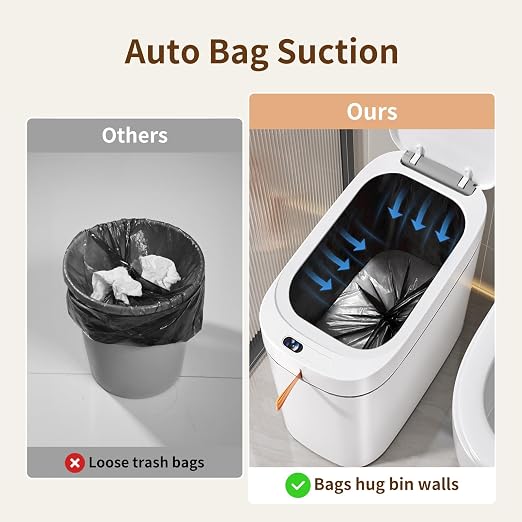 3.5 Gallon Automatic Bathroom Trash Can with Lid, Small Slim Smart Motion Sensor Garbage Bin with Auto Bag Suction & One-Pull Self Sealing, Touchless Waste Basket for Bedroom, Office, Kitchen, Rv