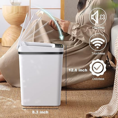 3 PACK - Bathroom Garbage Can with a Lid - 2.5 Gallon Automatic Trash Cans Touchless - Bedroom, Office - Small Smart Trash Can - Plastic, Narrow, Auto Open - Motion Sensor Trash can Bathroom ( White )