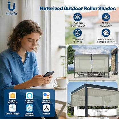 Motorized Outdoor Shades, Custom Patio Roller Blinds with Remote, Smart Exterior Sun Shades Compatible with Alexa, HomeKit, Google Home (3% Openness Beige)