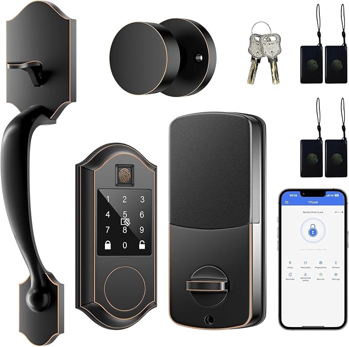 Smart Door Lock Set, Fingerprint Keyless Entry Door Lock with Interior Knob, Smart Locks for Front Door -APP Control, Front Door Lock Set with Keypad and Deadbolt, Auto-Lock, Oil Rubbed Bronze