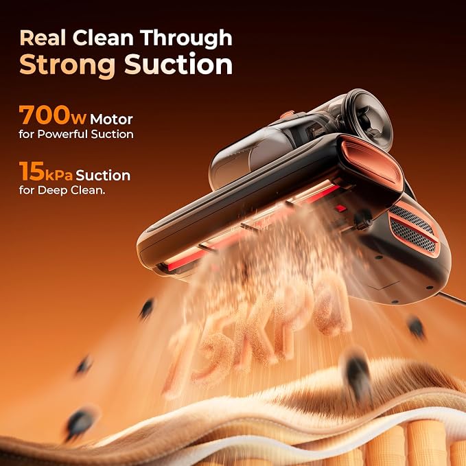 JIGOO T600 Bed Mattress Vacuum Cleaner with UV-C Light, 15Kpa Suction, 700W | 700W Motor, Handheld, Double Cup, Smart Dust Sensor, Ultrasonic, Heating Tech, MIF Filter, Deep Clean for Bed, Sofa, Pet Hair