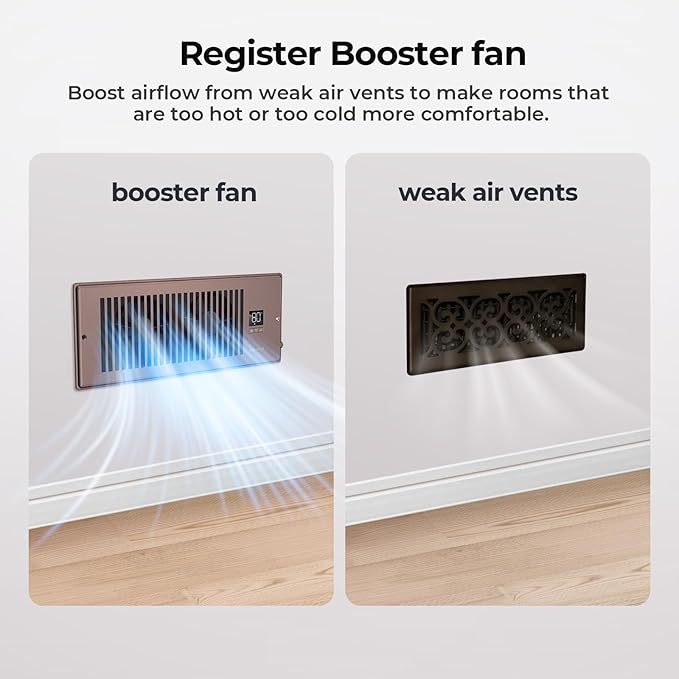 BIOWIND Quiet Register Booster Fan Fits 4" x 12" Register Holes, 10-Speed Smart Heating Cooling AC Vent Fan with Remote Control and Thermostat Control - Bronze