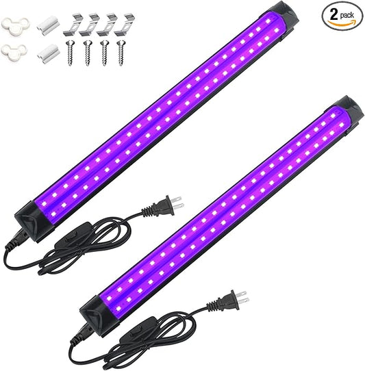 2 Pack 10W 48 LED Black Light Bars 1Ft 395-400nm UV Blacklight Tube with 5.9Ft Cord+Plug+Switch Linkable Black Light Fixtures for Bedroom Fluorescent Poster Body Paint Halloween Glow Party