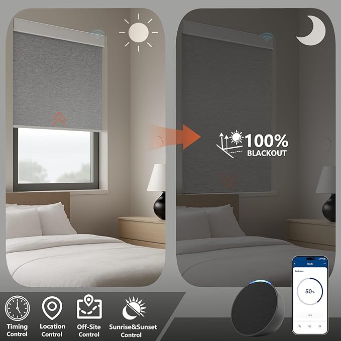 Motorized Blackout Roller Shades with Remote – Smart Blinds for Bedroom, Alexa Google Home Siri, Matter Compatible, Custom Electric Window Shades, Cordless Rechargeable