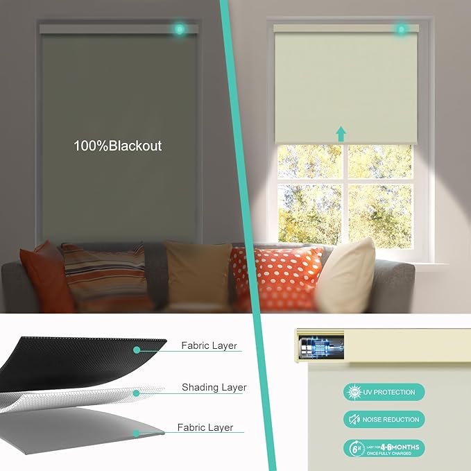 Motorized Blinds with Remote, Blackout Smart Automatic Electric Blinds for Indoor Windows, Cordless Motorized Roller Shades with Custom Size（Golden Shade）