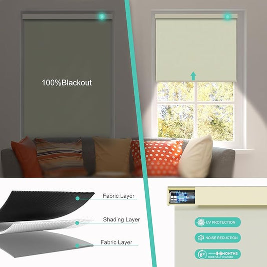 Motorized Blinds with Remote, Blackout Smart Automatic Electric Blinds for Indoor Windows, Cordless Motorized Roller Shades with Custom Size（Golden Shade）