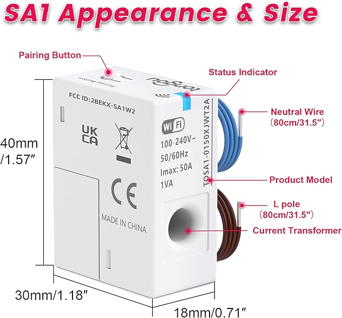 TONGOU WiFi Smart Home Energy Monitor Accessory,1-50A 100-240VAC,Window-type Current Transformer with Power Monitoring in Tuya/Smart Life,Export/Clear Power Data,Alarm Function,FCC Certified,1 PC