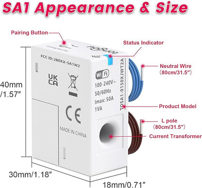TONGOU WiFi Smart Home Energy Monitor Accessory,1-50A 100-240VAC,Window-type Current Transformer with Power Monitoring in Tuya/Smart Life,Export/Clear Power Data,Alarm Function,FCC Certified,1 PC