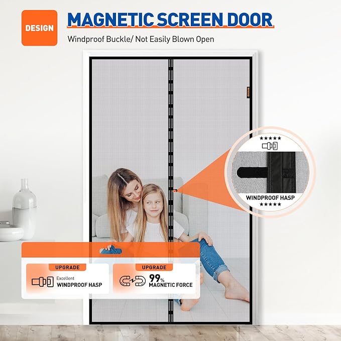 MAGZO Magnetic Screen Door Fit Door Size 40 x 80 Inch, Screen Size 42" x 81" Strong Magnet French Style Mesh, Heavy Duty Fiberglass Mesh with Hook & Loop for Sliding Entrance, Gray