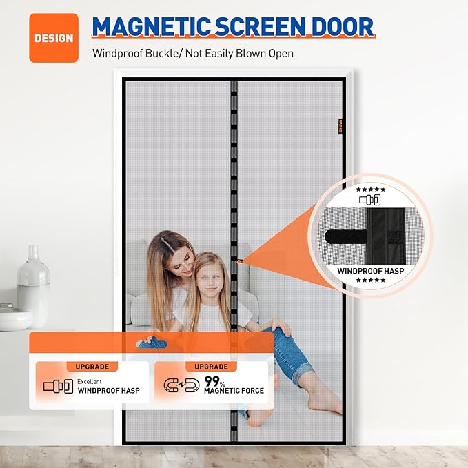 MAGZO Magnetic Screen Door Fit Door Size 72 x 80 Inch, Screen Size 74" x 81" Strong Magnet French Style Mesh, Fiberglass Heavy Duty Mesh with Hook & Loop for Sliding Entrance, Gray