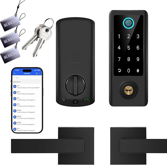 BEBASIA Smart Fingerprint Door Lock with Handle Set, Full App Control, Electronic Digital Touchscreen Keypad, Deadbolt Smart Locks for Front Door, Auto Lock, Black