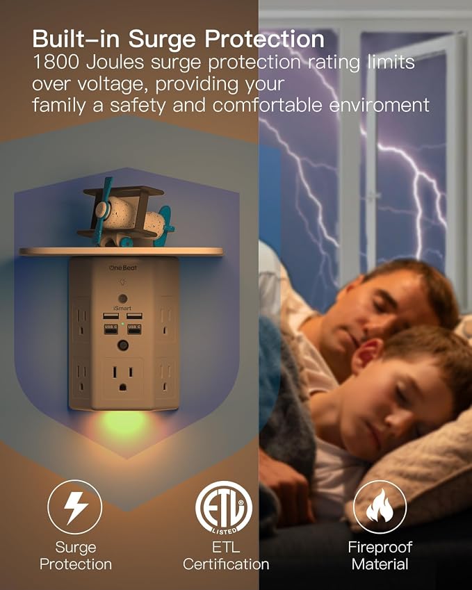 One Beat Surge Protector Wall Outlet Extender, 5 Outlets & 4 USB Ports (2 USB-C) with Night Light & Outlet Shelf, 1680J, 3-Sided Multi Plug Adapter, Wall Mount, ETL Listed for Home Office Travel