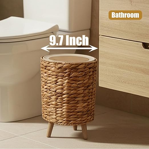 Yatmung 2.3 Gallon Wicker Trash Can - Boho Bathroom Trash Can with Lid - Natural Water Hyacinth Waste Basket for Bedroom, Living Room, Office - Removable Liner - Rattan Garbage Can with Wooden Leg