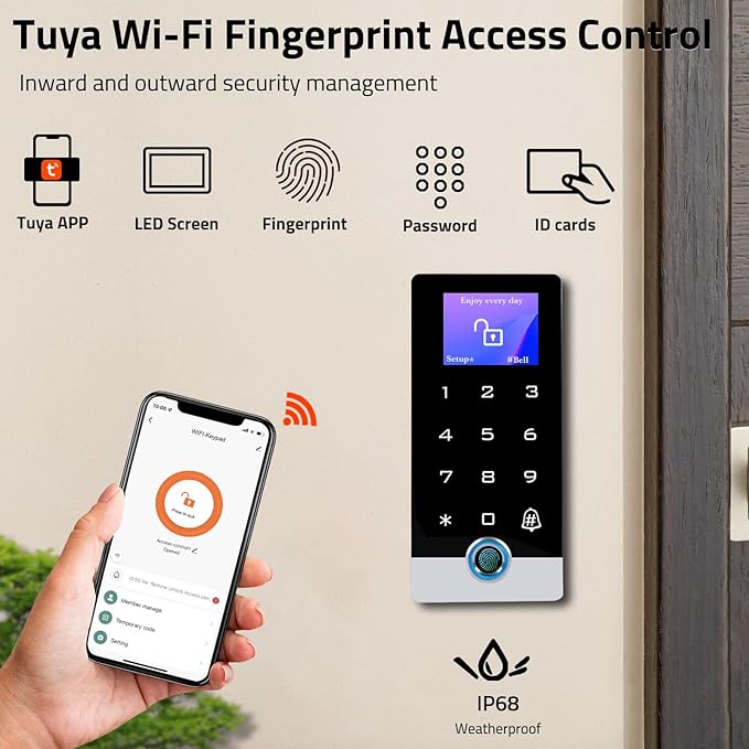 Wireless WiFi TUYA Access Control System with LED Screen/Voice, Fingerprint Password Stand-Alone Door Access Control Keypad, WG26/34 EM Card Reader Access Controller, Full Metal Weatherproof