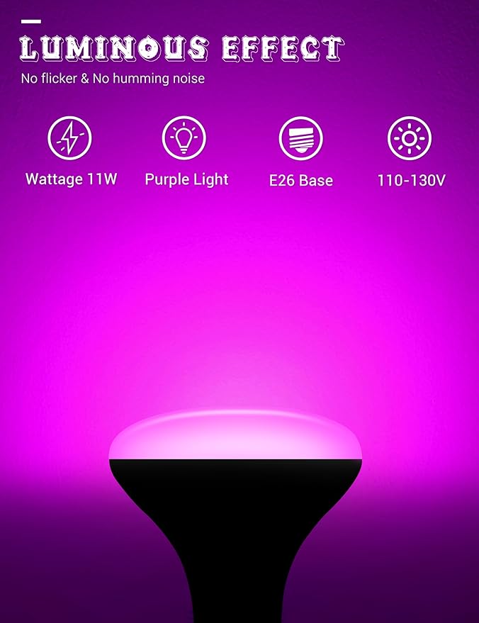 JandCase BR30 Halloween Light Bulbs, E26 Base Halloween Purple Indoor Flood Light Bulbs, 11W(65W Equivalent), Purple Flood Light Bulbs for Halloween Decoration,Not-Dimmable, 2 Pack