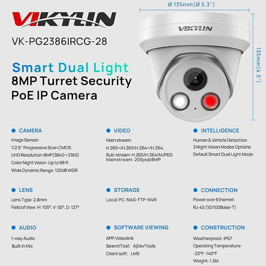VIKYLIN 4K 8MP PoE IP Camera Outdoor, Smart Dual Light with AI Color Night Vision, Human/Vehicle Detection, 2.8mm Lens Wide Angle, Full Metal Housing, Built-in Mic, 120dB WDR, IP67NDAA Compliant