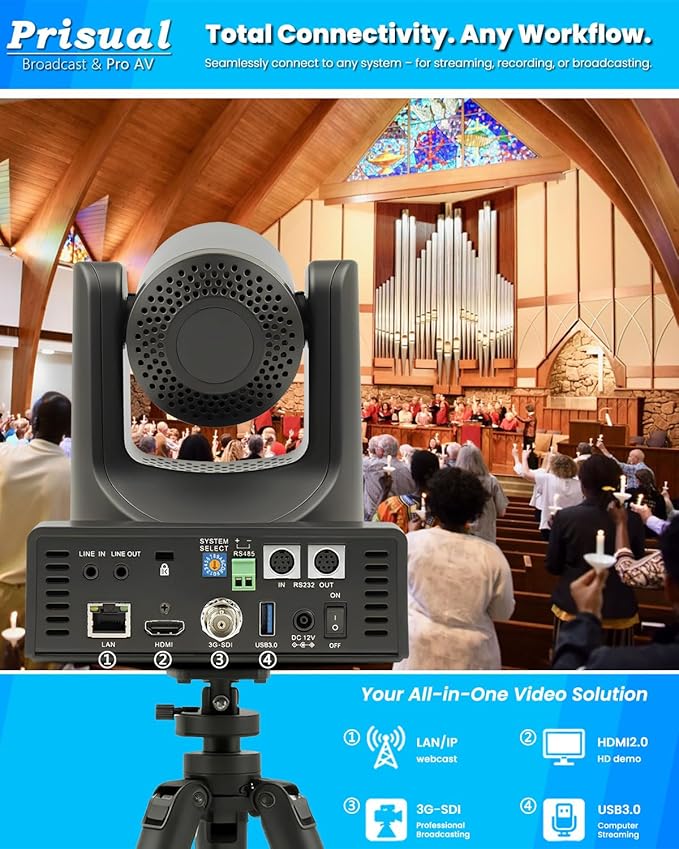 Prisual PTZ Camera Gen 5, 20X Optical Zoom SDI HDMI PoE USB IP Streaming, AI Auto Tracking for Church Worship Education Conference Facebook YouTube vMix OBS (TEM-20S PRO)