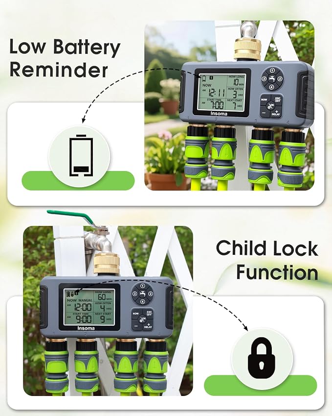 Insoma 4-Zone Water Timer for Garden Hose, Brass Inlet & Outlet | 4 Independent Zones, Programmable Schedules, Rain Delay/Manual Mode, IPX5 Waterproof, Large Display, for Garden, Lawn