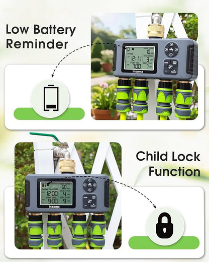 Insoma 4-Zone Water Timer for Garden Hose, Brass Inlet & Outlet | 4 Independent Zones, Programmable Schedules, Rain Delay/Manual Mode, IPX5 Waterproof, Large Display, for Garden, Lawn