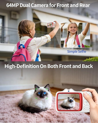 Digital Camera,4K 64MP Autofocus Vlogging Camera with Dual Lens,18X Zoom/WiFi/32GB Card/,Point and Shoot Cameras for Boys Girls Gifts (XJ700-White)