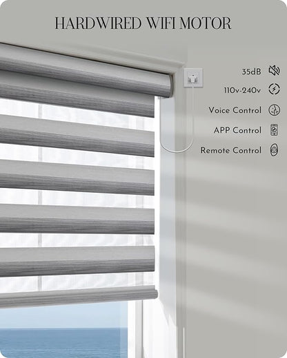 Graywind Motorized Zebra Blinds for Windows, Darkening Hardwired Smart Blinds with Remote Control, Dual Layer Custom Zebra Shades Work with Alexa, Google Home, Apple Homekit, Gradient Grey Silver