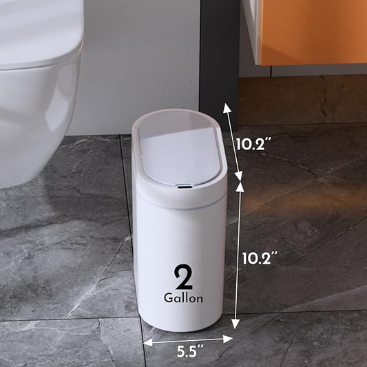 SYNCVIBE Bathroom Trash Can with Lid 2 Gallon Slim Motion Sensor Garbage Can Narrow Automatic Plastic Trash Bin for Bedroom, Living Room, Toilet, Office (White)