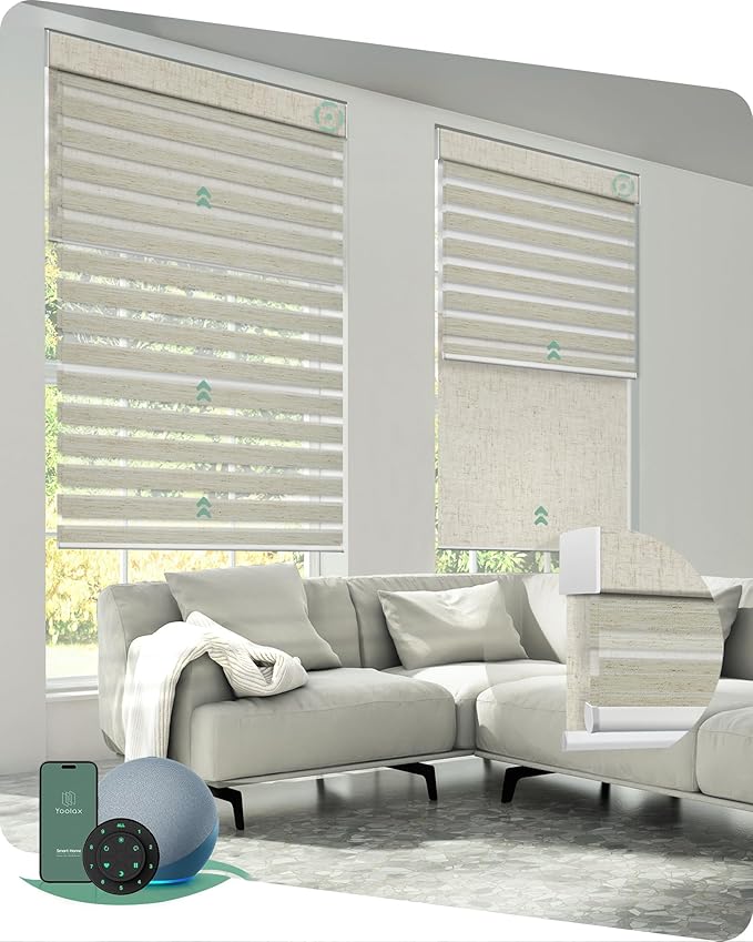 Yoolax Smart Dual Roller Shades, Motorized Blinds with Remote Smart Zebra Shades Compatible with Alexa, Blackout & Light Filtering Automatic Blinds for Windows (Zebra Linen Beige)
