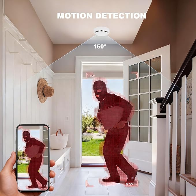 LIZVIE Hidden Camera Smoke Detector, Manual DIY Design, 5000mAh Ceiling-Mounted 1080P HD Night Vision & Motion Detection APP Remote Control for Home/Office Indoor Surveillance Security