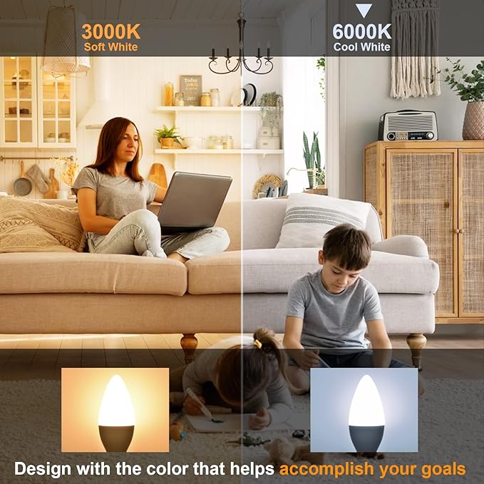 comzler E12 Ceiling Fan Light Bulbs, 5 Watt 60 Watt Equivalent LED Candelabra Bulbs, Cool Daylight 6000K Chandelier Light Bulbs, Candle Bulb Small Base for Chandelier, Non-Dimmable, 6 Pack