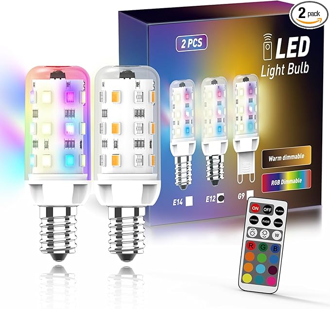 E12 LED Bulb, 25W Equivalent, Warm White/Cold White/RGB 12 Color Changing, CRI 85+, 4 Auto Cycle Modes, Sync & Memory Function, T4 LED Bulb Dimmable, Efficient 2.5W, AC 120V (E12, 2 Pack)