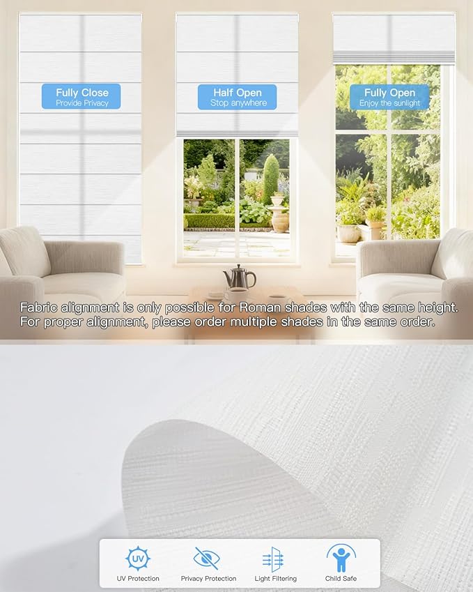 Motorized Roman Shades for Windows, Custom Light Filtering Roman Blinds with Remote, Smart Privacy Window Shades for Living Room Kitchen Office, Alexa & Google Home Compatible, App Control via RF Hub
