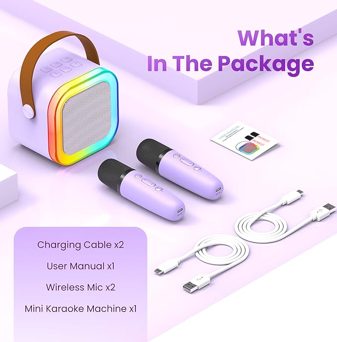 Mini Karaoke Machine for Kids Adults, 2026 TOP Birthday Gifts for Girls Boys 3,4,5,6,7,8+Year Old Toddler Toys, Portable Bluetooth Speaker with 2 Wireless Karaoke Microphones Player (Purple)