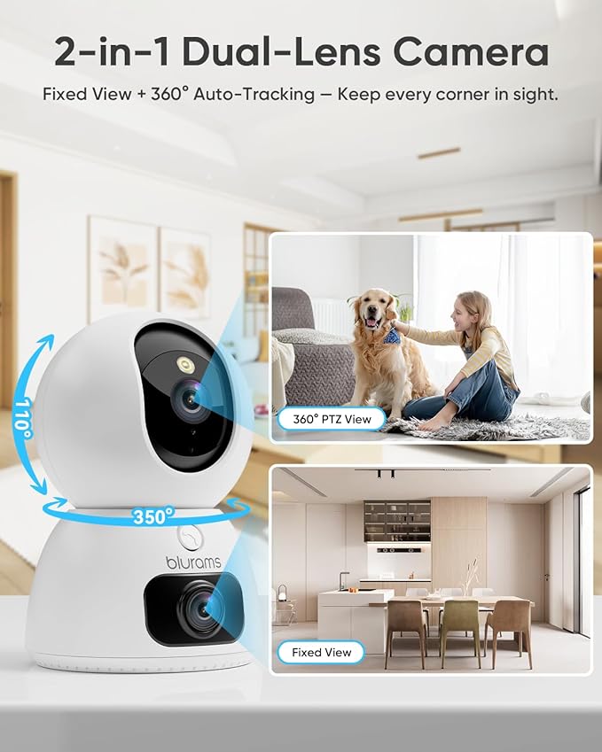 blurams 2K Dual-Lens Indoor Camera, 360° PTZ Pet Camera with Phone App, Split-Screen View, Free Human/Sound Detection, Dual-Band WiFi 6, Compatible with Alexa