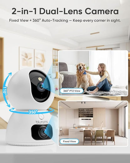 blurams 2K Dual-Lens Indoor Camera, 360° PTZ Pet Camera with Phone App, Split-Screen View, Free Human/Sound Detection, Dual-Band WiFi 6, Compatible with Alexa
